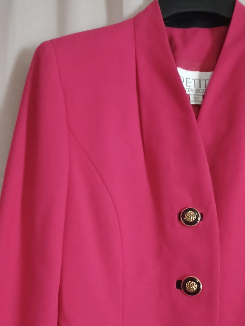 Petite Sophisticate Hot Pink Power Dressing Blazer Contrast Black Cuffs 80s Glam